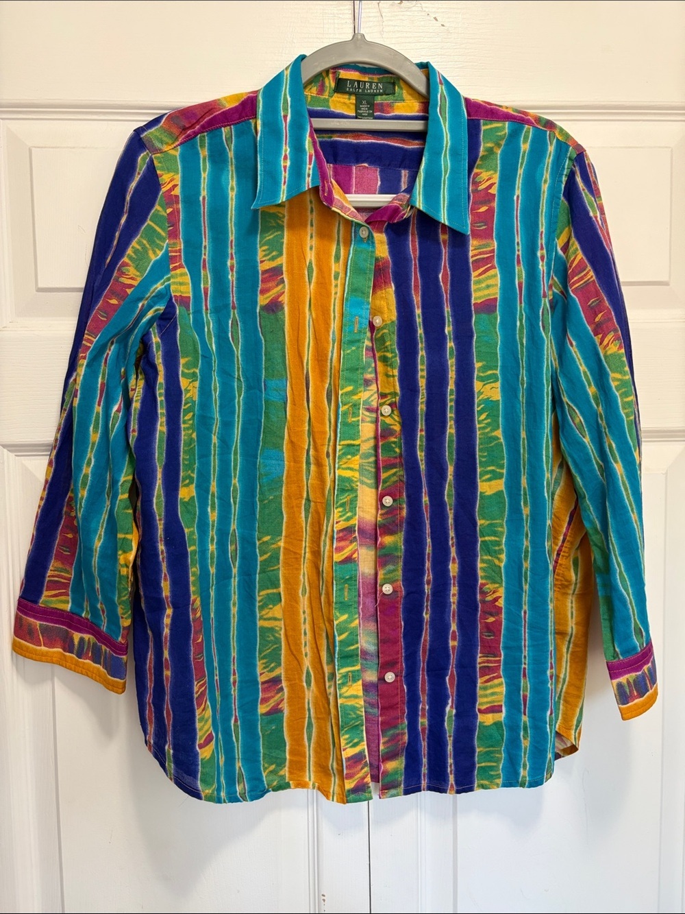 Lauren Ralph Lauren Teal Blue Gold Purple Striped Button-Up Shirt XL